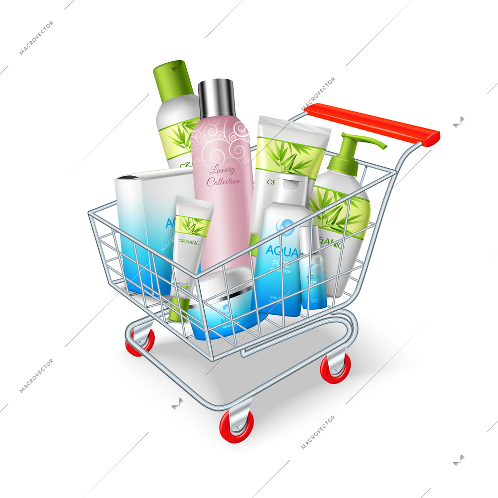 Supermarket shopping cart with cosmetic and hygiene products vector illustration