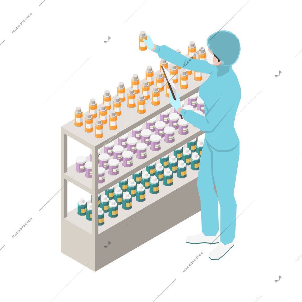 Pharmaceutical production isometric composition with isolated view of medical laboratory appliances vector illustration