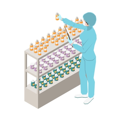 Pharmaceutical production isometric composition with isolated view of medical laboratory appliances vector illustration