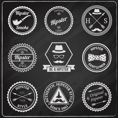 Hipster vintage chalkboard labels set with smoking pipe hat moustache isolated vector illustration