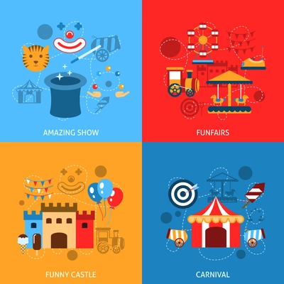 Amusements park flat icons set with amazing show funfairs funny castle carnival isolated vector illustration