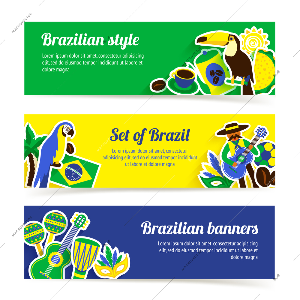 Brazil horizontal banner set with brazilian music nature and travel symbols isolated vector illustration