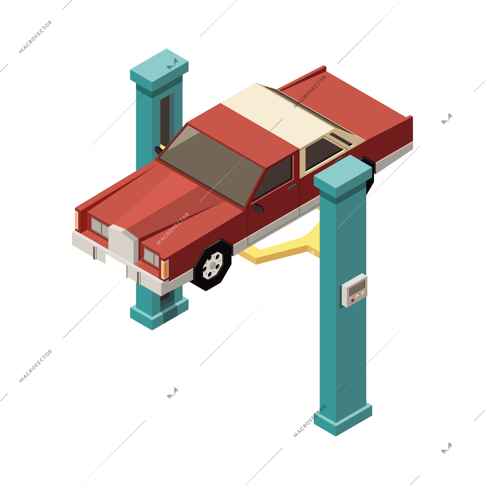 Car service isometric composition with isolated polygonal icon of auto maintenance part vector illustration