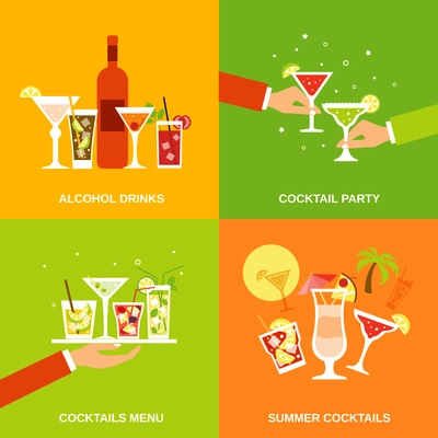 Alcohol cocktails icons flat set with drinks party menu summer isolated vector illustration