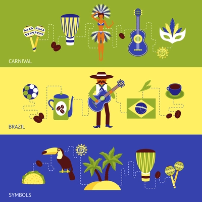 Brazil banner set with carnival and tourism symbols isolated vector illustration