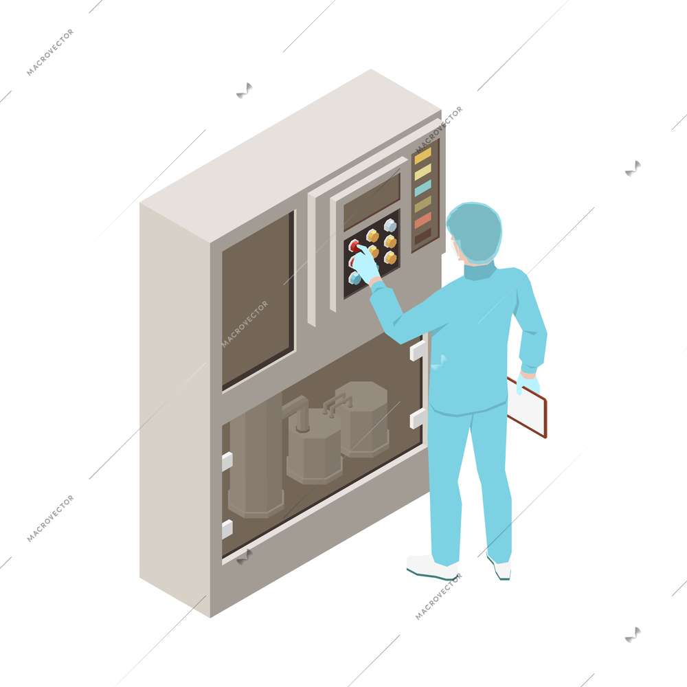 Pharmaceutical production isometric composition with isolated view of medical laboratory appliances vector illustration