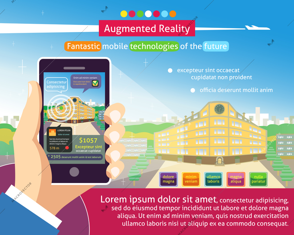 Augmented reality poster, Fantastic mobile technologies of the future vector illustration