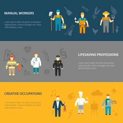 Profession cartoon male characters horizontal banners set of manual creative and lifesaving occupations abstract isolated vector illustration