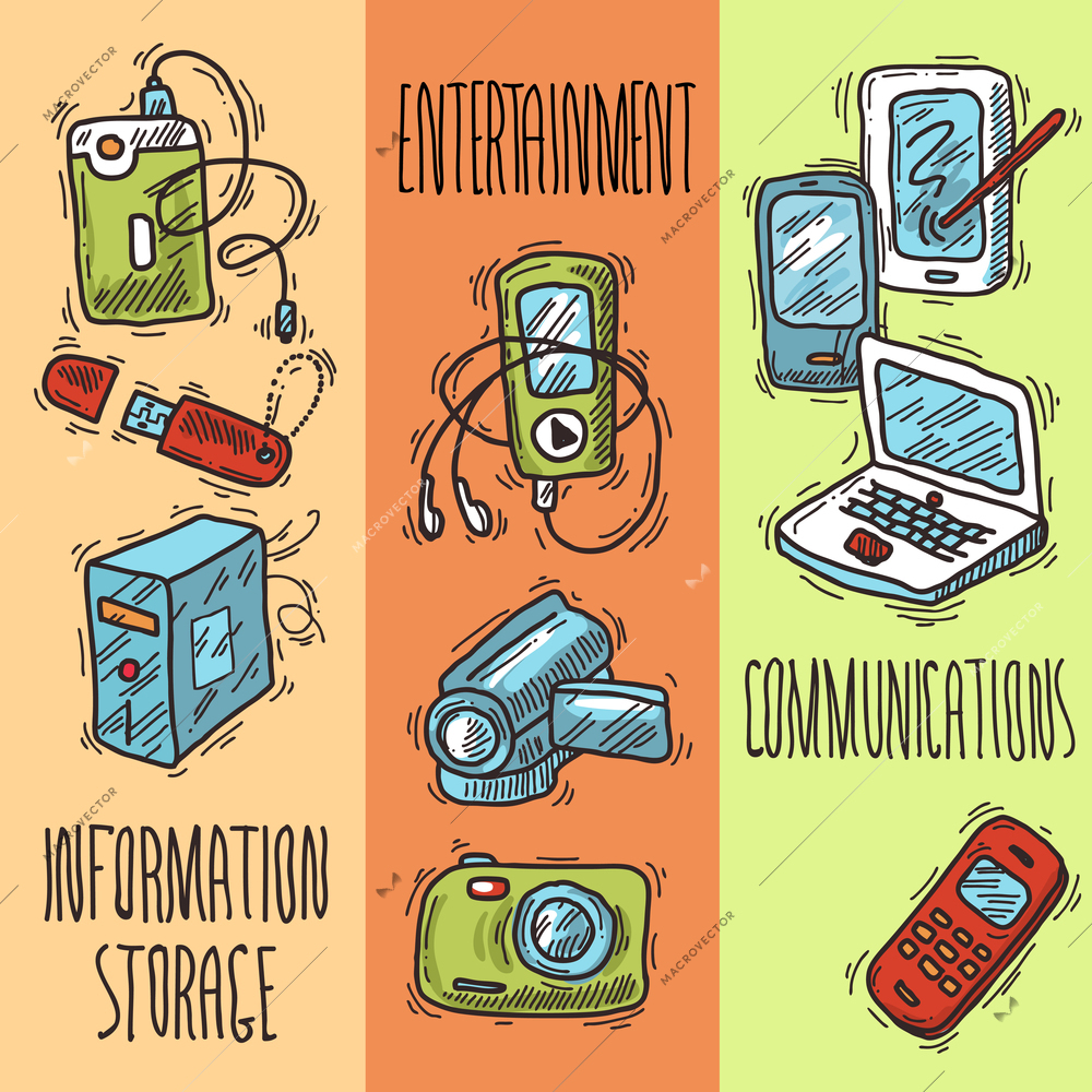 Mobile devices sketch banners set with information storage entertainment communications isolated vector illustration