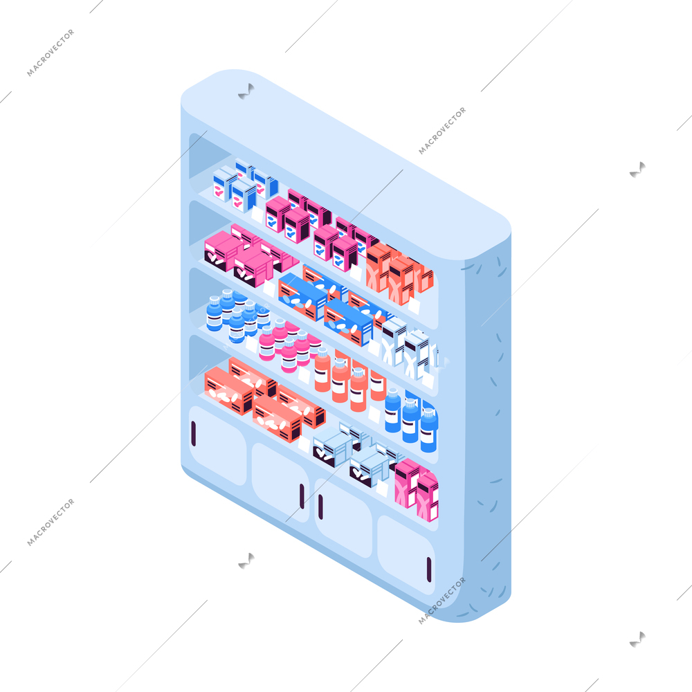 Isometric pharmacy composition with isolated medicine icon on blank background 3d vector illustration