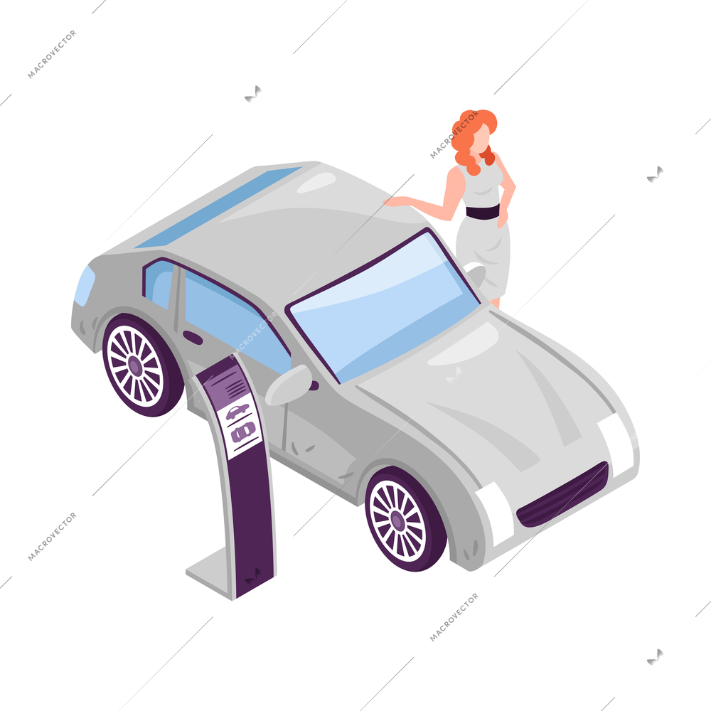 Isometric car showroom composition with automobile icon and human characters on blank background vector illustration