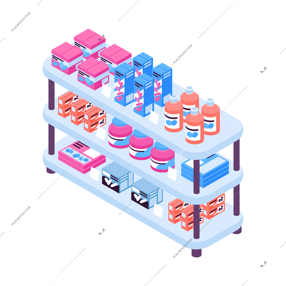 Isometric pharmacy composition with isolated medicine icon on blank background 3d vector illustration