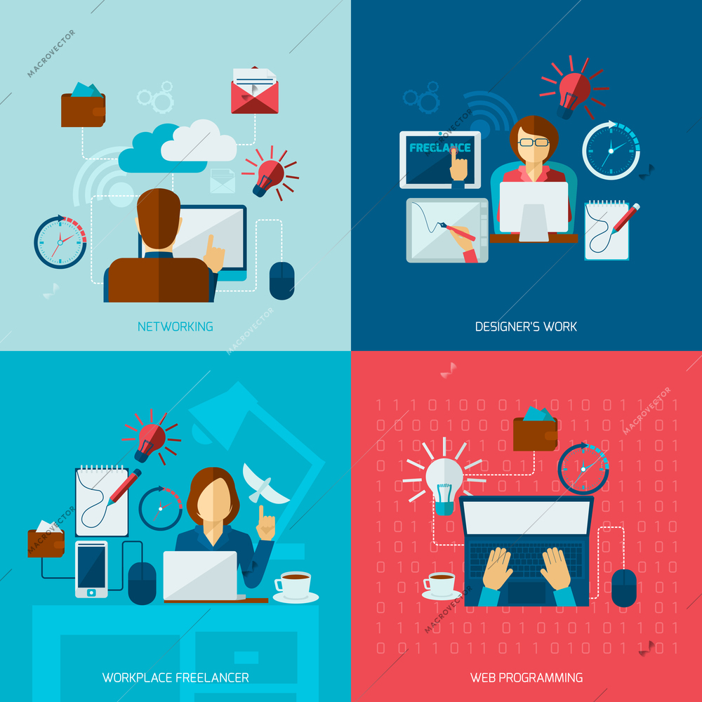Freelance flat set with networking designer work web programming workplace isolated vector illustration