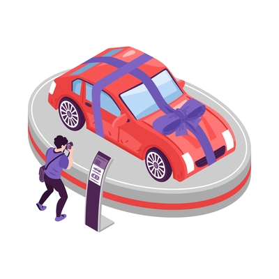 Isometric car showroom composition with automobile icon and human characters on blank background vector illustration