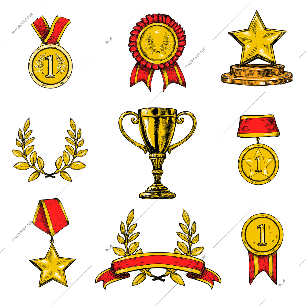 Award decorative sketch colored icons set of laurel wreath achievement star isolated vector illustration