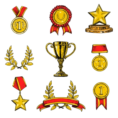 Award decorative sketch colored icons set of laurel wreath achievement star isolated vector illustration