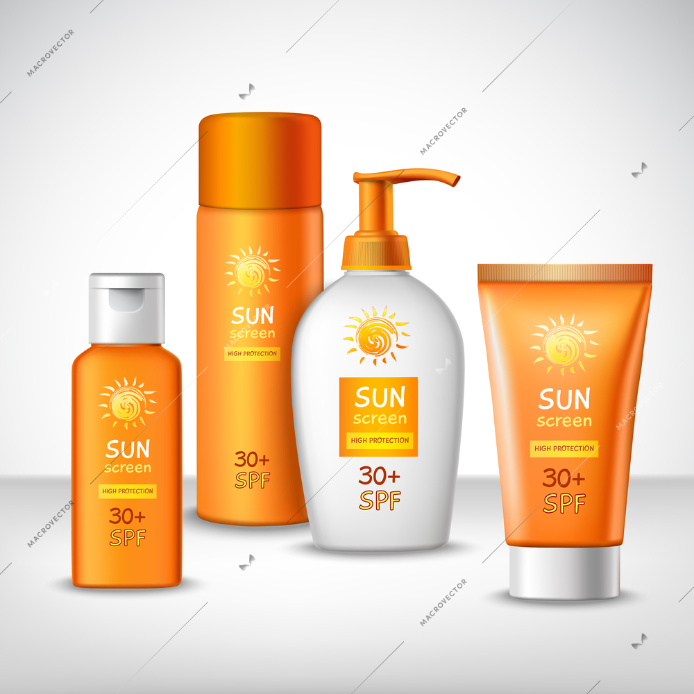 Sunscreen protection sun care cosmetics containers orange set vector illustration