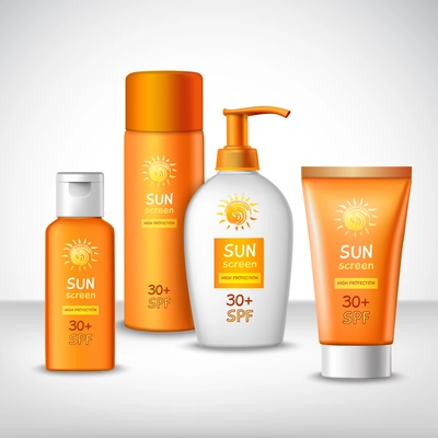 Sunscreen protection sun care cosmetics containers orange set vector illustration