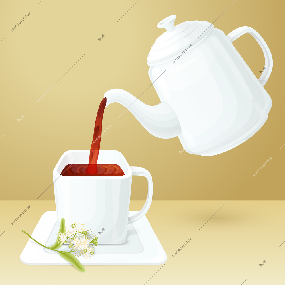 Porcelain tea cup and pot with linden brunch vector illustration