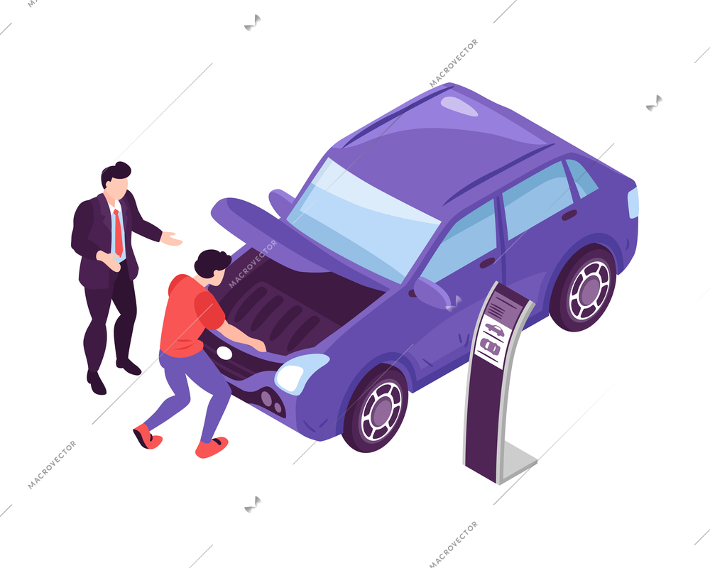 Isometric car showroom composition with automobile icon and human characters on blank background vector illustration