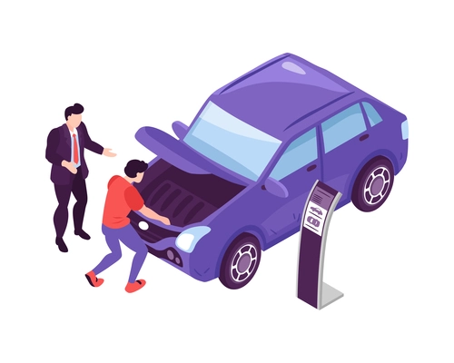 Isometric car showroom composition with automobile icon and human characters on blank background vector illustration