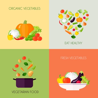 Vegetables flat icons set with organic vegetarian fresh food healthy eating isolated vector illustration