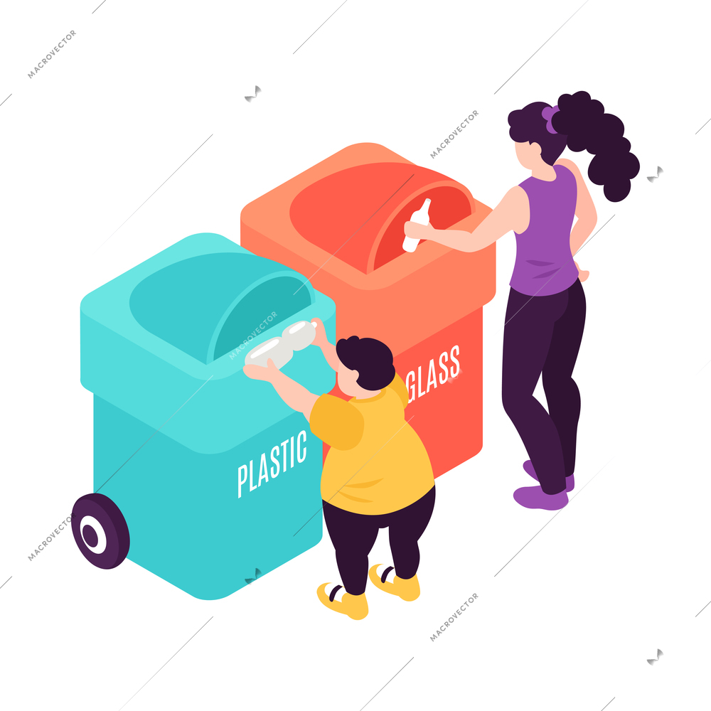Isometric zero waste ewaste composition with human characters holding recyclable items vector illustration