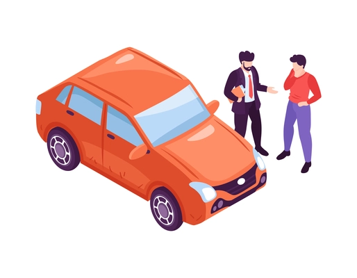 Isometric car showroom composition with automobile icon and human characters on blank background vector illustration