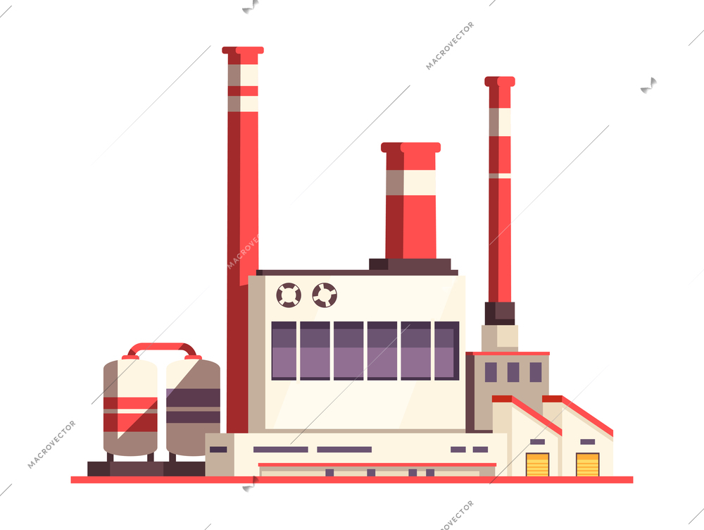 Industry factory composition with view of modern plant buildings site with pipes and tubes vector illustration