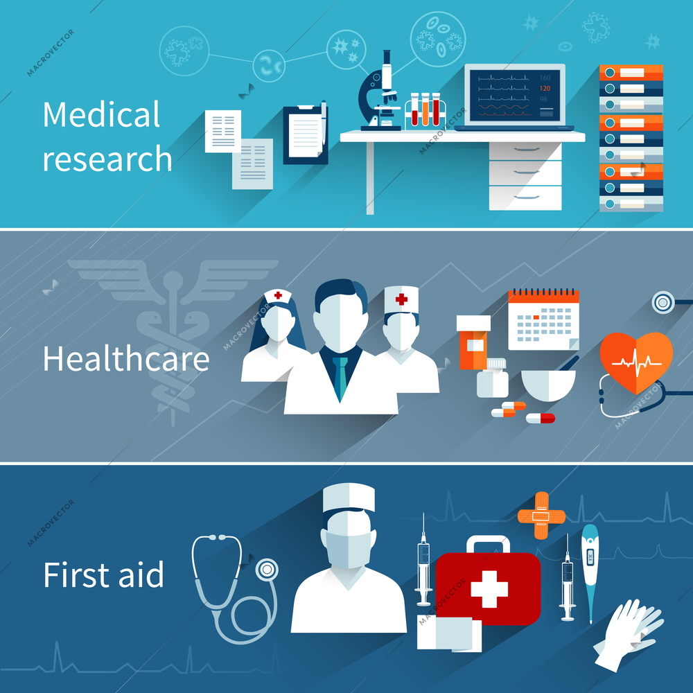 Medical flat banners set with research healthcare first aid symbols isolated vector illustration