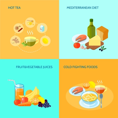 Healthy food flat icons set with hot tea mediterranean diet fruit and vegetable juices cold fighting food isolated vector illustration