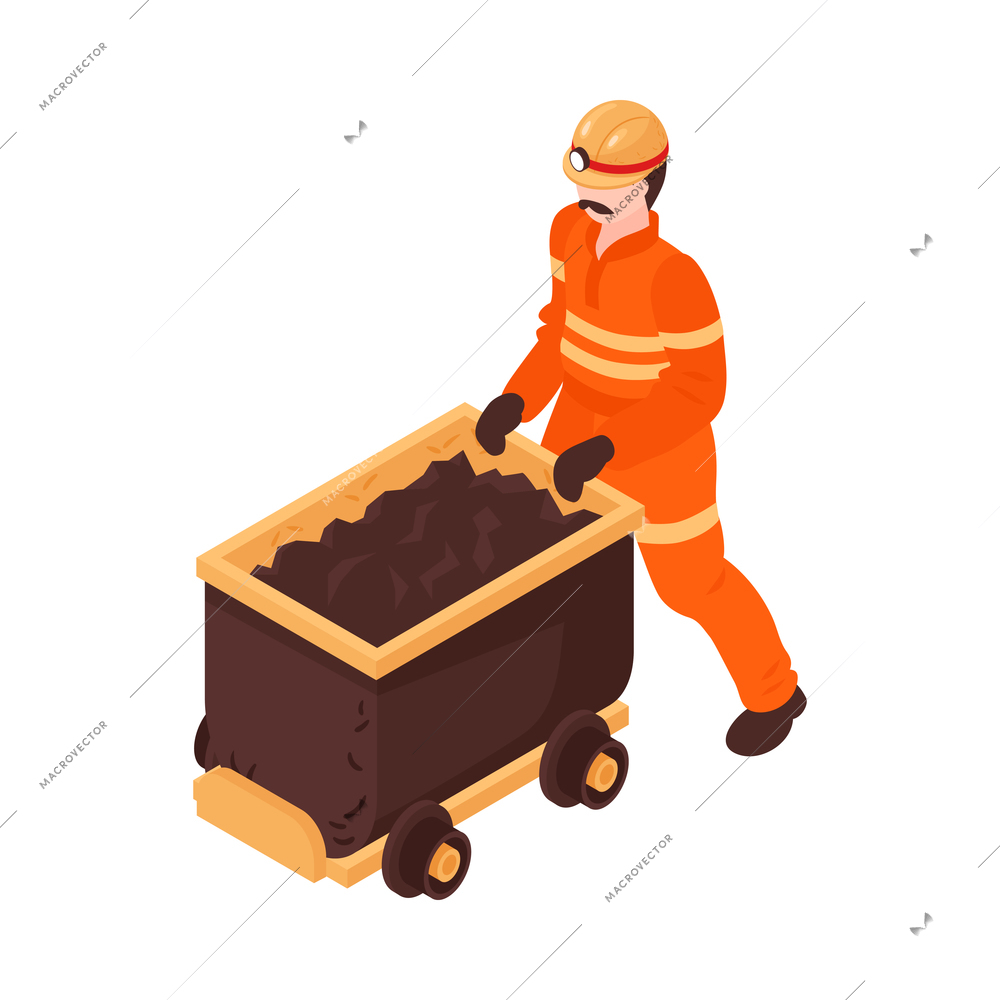 Isometric mine composition with human character of miner isolated on blank background 3d vector illustration