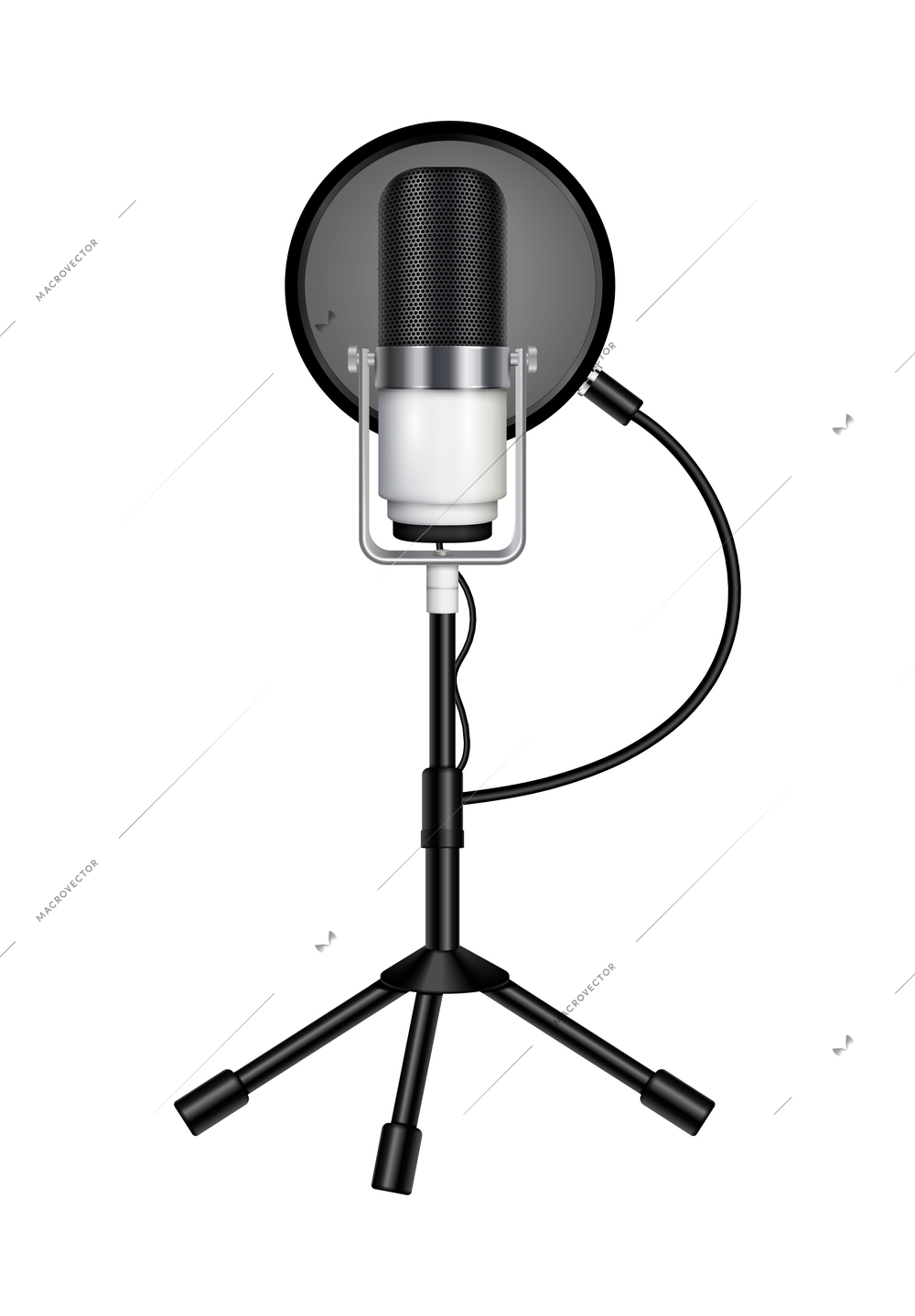 Professional microphone realistic composition with isolated image of audio recording mic on stand vector illustration