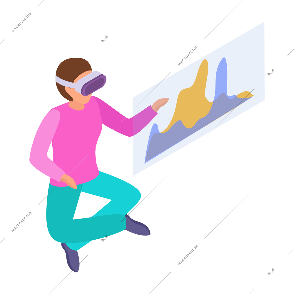 Virtual augmented reality composition with human character engaged in vr activity surrounded by holographic isometric icons vector illustration
