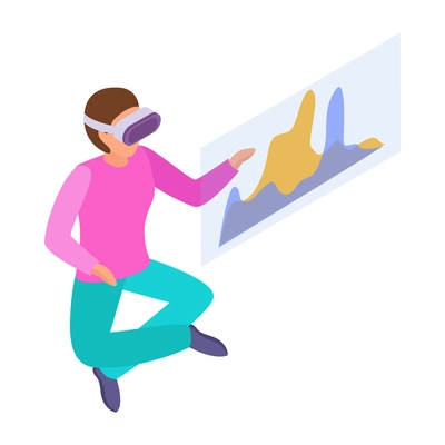 Virtual augmented reality composition with human character engaged in vr activity surrounded by holographic isometric icons vector illustration