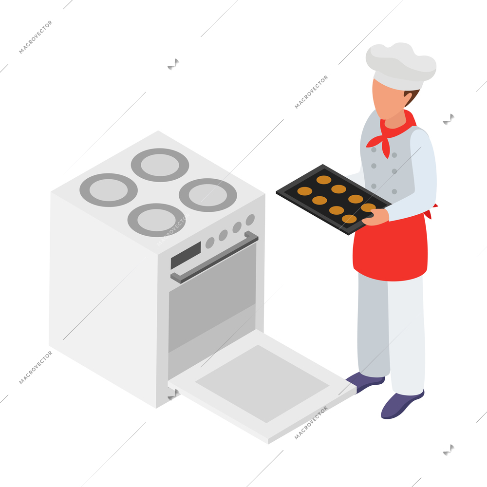 Cooking isometric composition with human character of cook with kitchen appliances vector illustration