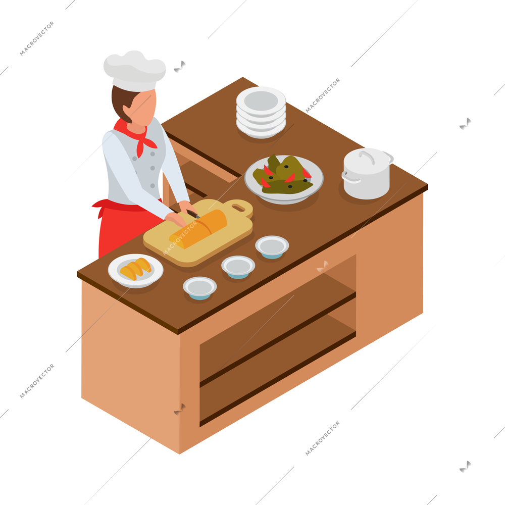 Cooking isometric composition with human character of cook with kitchen appliances vector illustration