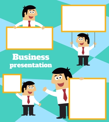 Business life. Businessman with blank sign banner and placard for message template vector illustration