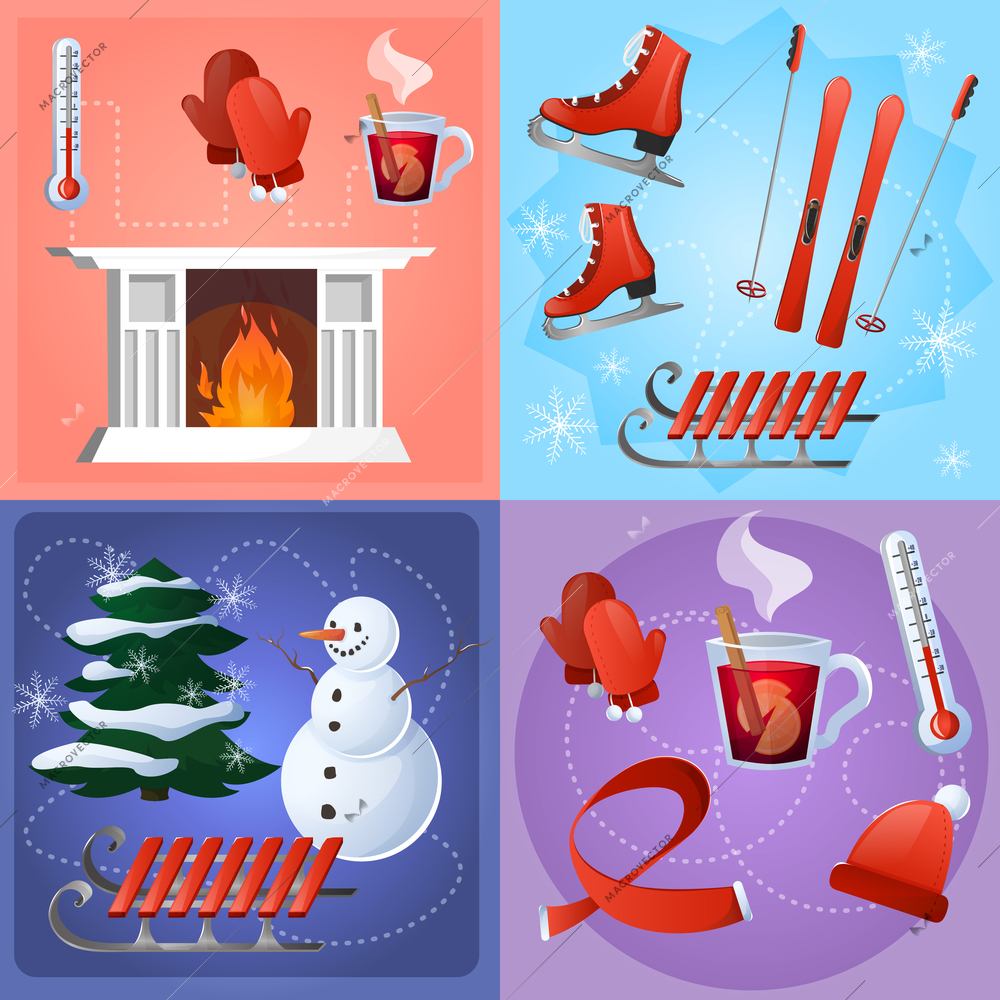 Winter flat set with mittens ski thermometer fireplace isolated vector illustration