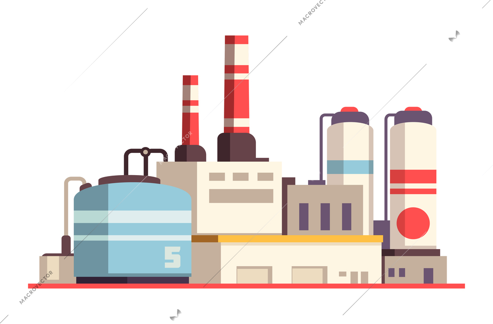 Industry factory composition with view of modern plant buildings site with pipes and tubes vector illustration