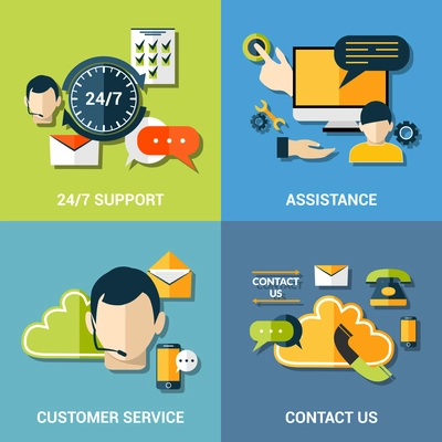 Contact us global concept flat icons of support assistance 24h customer service composition abstract isolated vector illustration