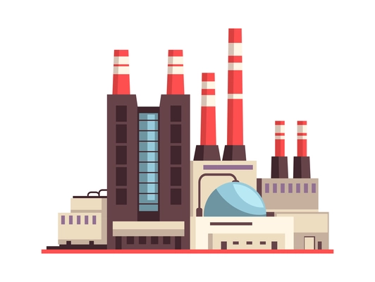 Industry factory composition with view of modern plant buildings site with pipes and tubes vector illustration