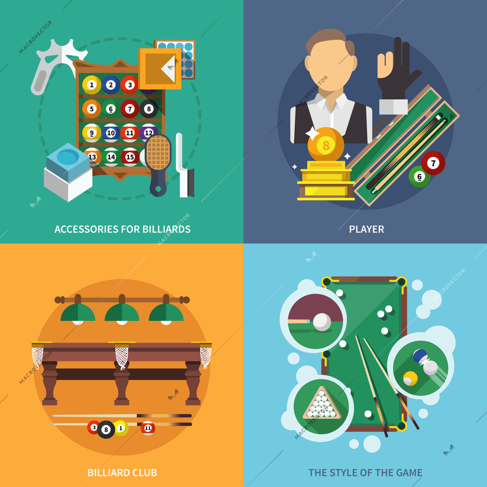 Billiards flat set with accessories player club style of game isolated vector illustration