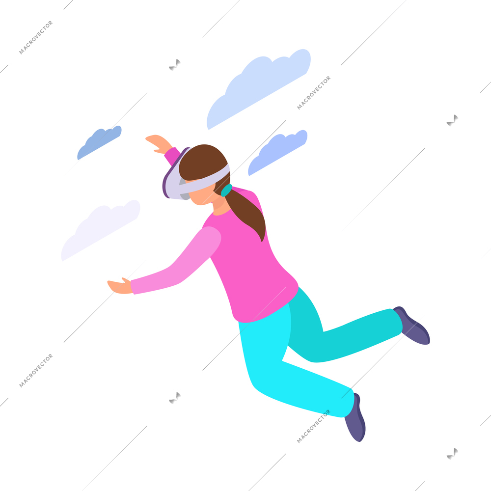 Virtual augmented reality composition with human character engaged in vr activity surrounded by holographic isometric icons vector illustration