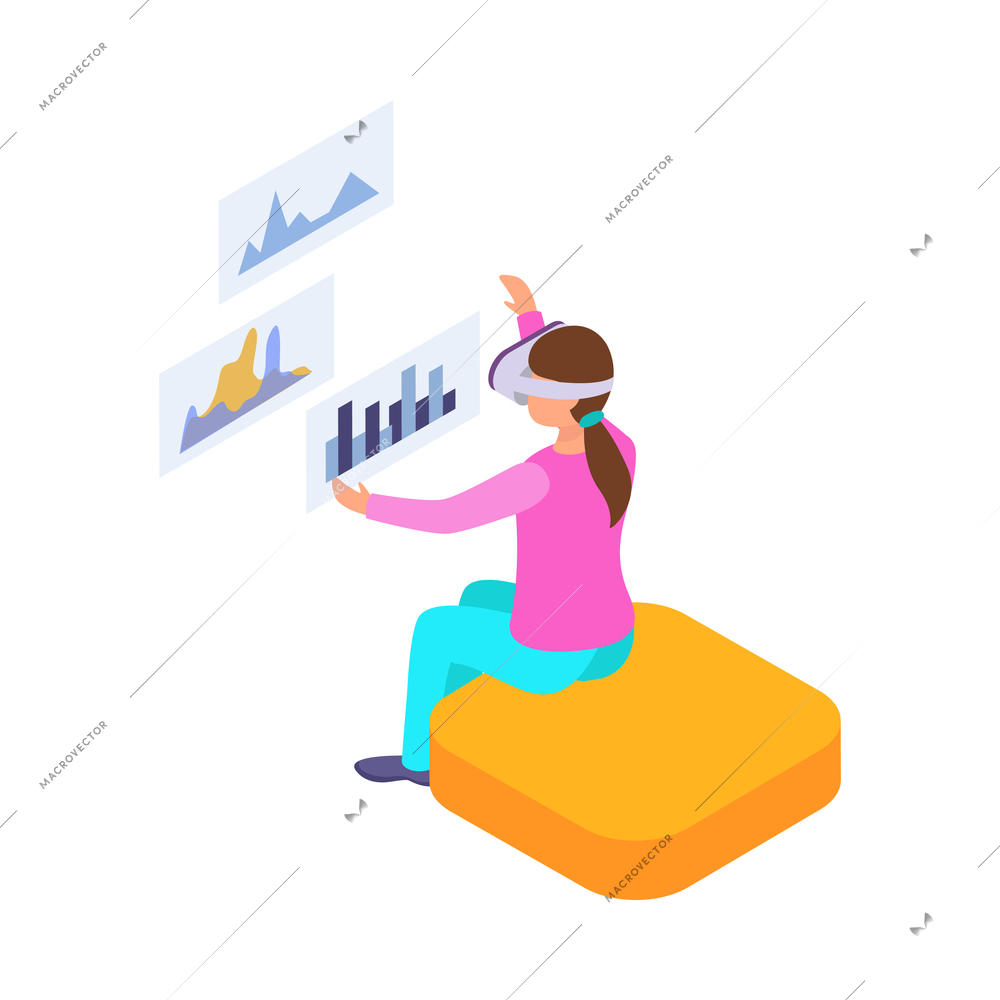 Virtual augmented reality composition with human character engaged in vr activity surrounded by holographic isometric icons vector illustration