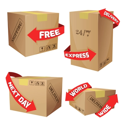 Cardboard boxes set with red arrows and delivery symbols isolated vector illustration