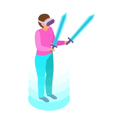 Virtual augmented reality composition with human character engaged in vr activity surrounded by holographic isometric icons vector illustration