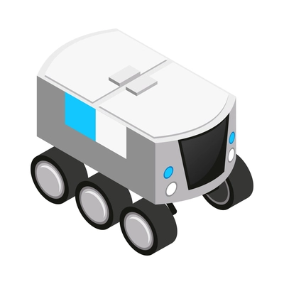 Automated robot delivery isometric composition with isolated icon of futuristic shipping appliance vector illustration