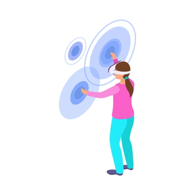 Virtual augmented reality composition with human character engaged in vr activity surrounded by holographic isometric icons vector illustration