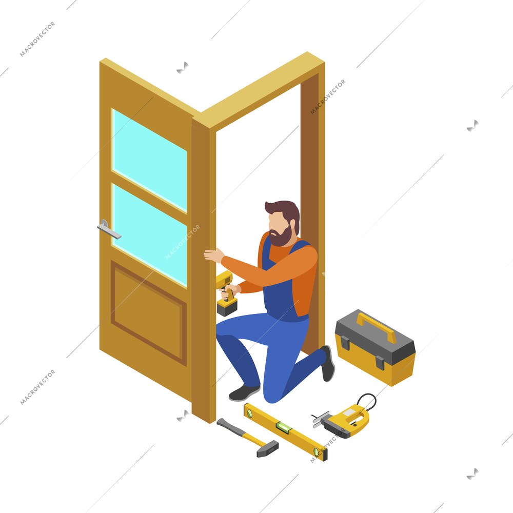 Home repair isometric composition with human character of working serviceman with tools vector illustration